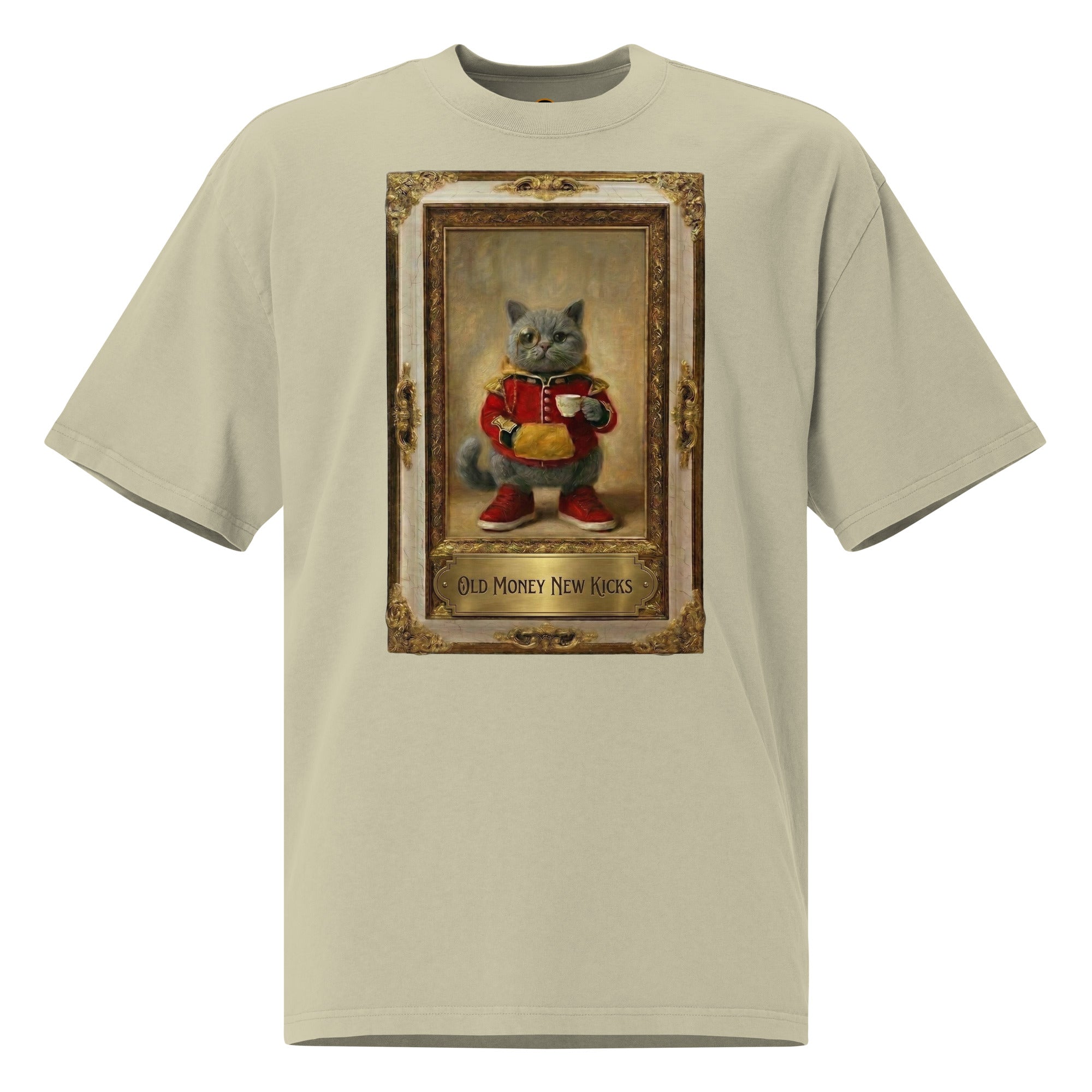 Light tan oversized faded tee with vintage portrait graphic, front view