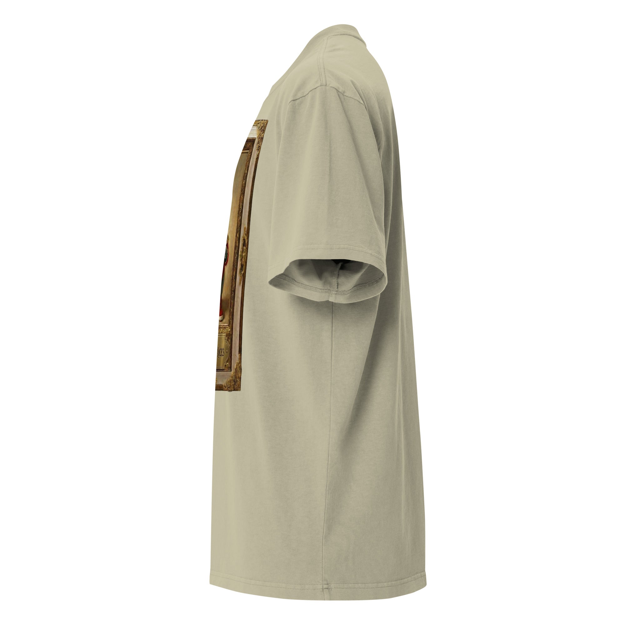 Tan oversized faded tee, left side view