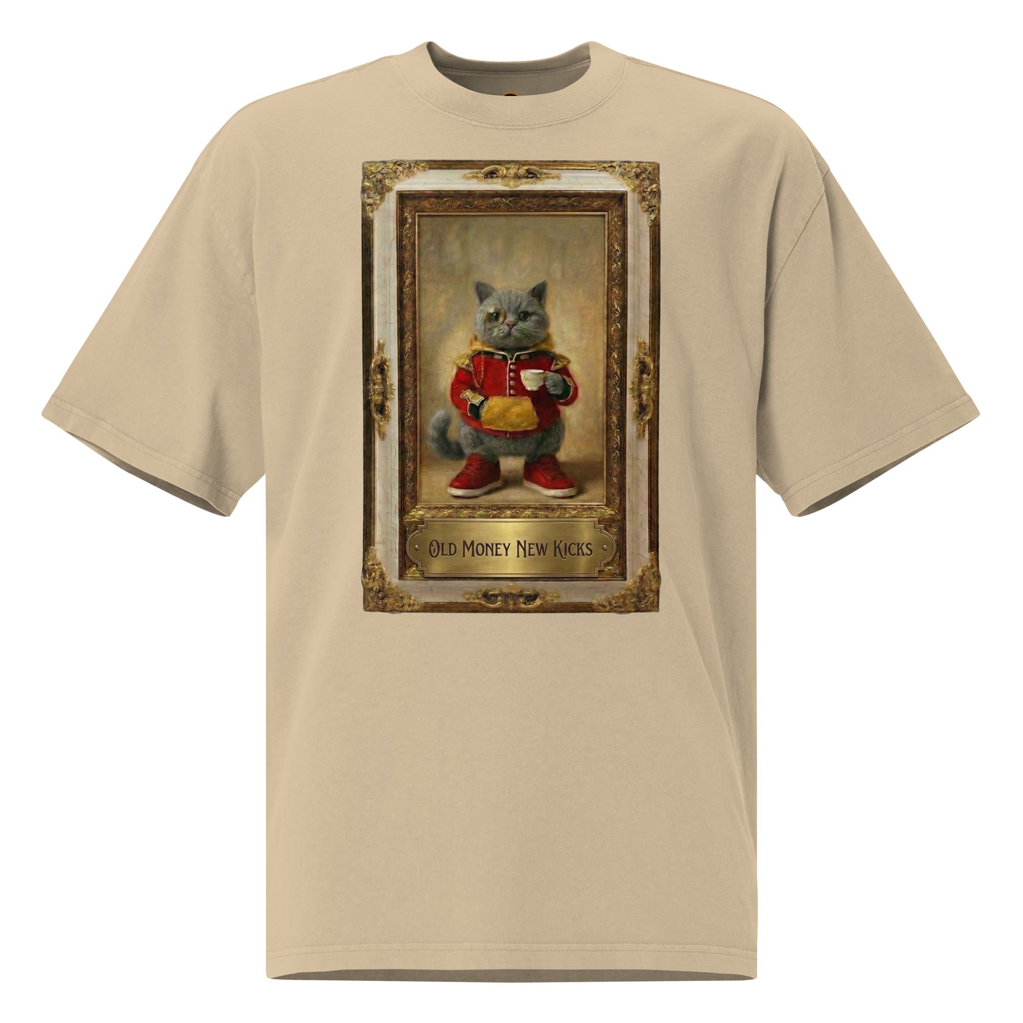Tan oversized faded tee with vintage portrait graphic, front view
