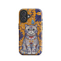 Talavera-style Exotic Shorthair cat on marigold, glossy Tough Case, iPhone 16