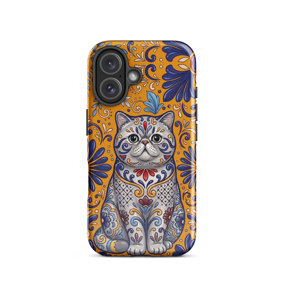 Talavera-style Exotic Shorthair cat on marigold, glossy Tough Case, iPhone 16