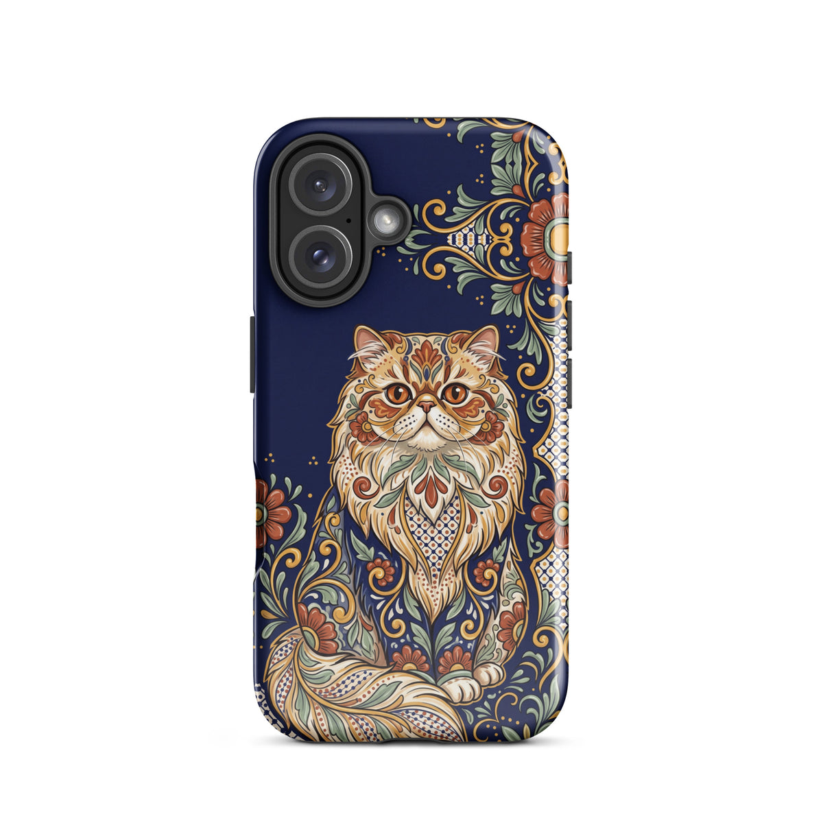 Talavera-style Persian cat on navy, glossy Tough Case, iPhone 16