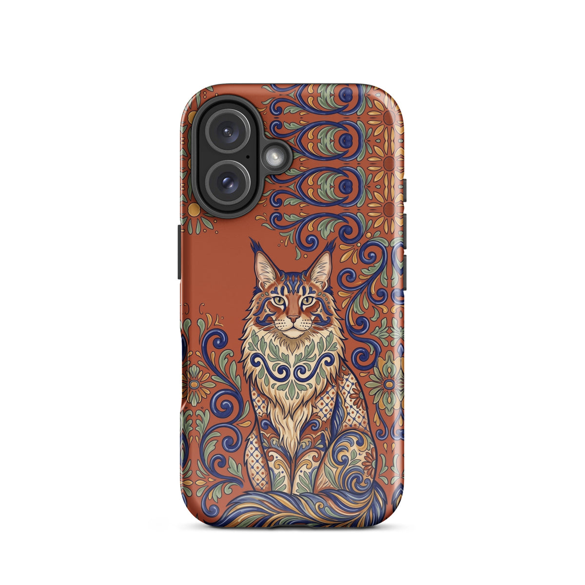 Talavera-style Maine Coon cat on terracotta, glossy Tough Case, iPhone 16