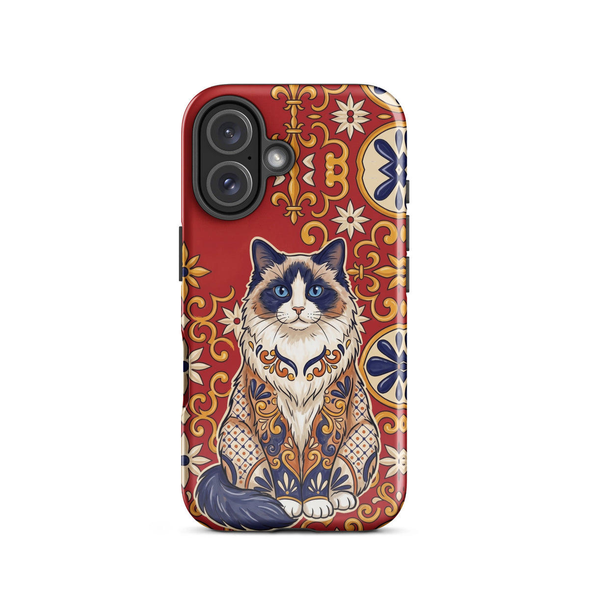 Talavera-style Ragdoll cat on red, glossy Tough Case, iPhone 16