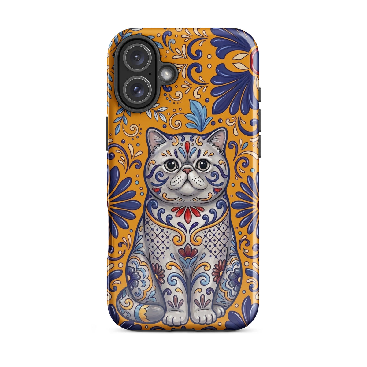 Talavera-style Exotic Shorthair cat on marigold, glossy Tough Case, iPhone 16 Plus