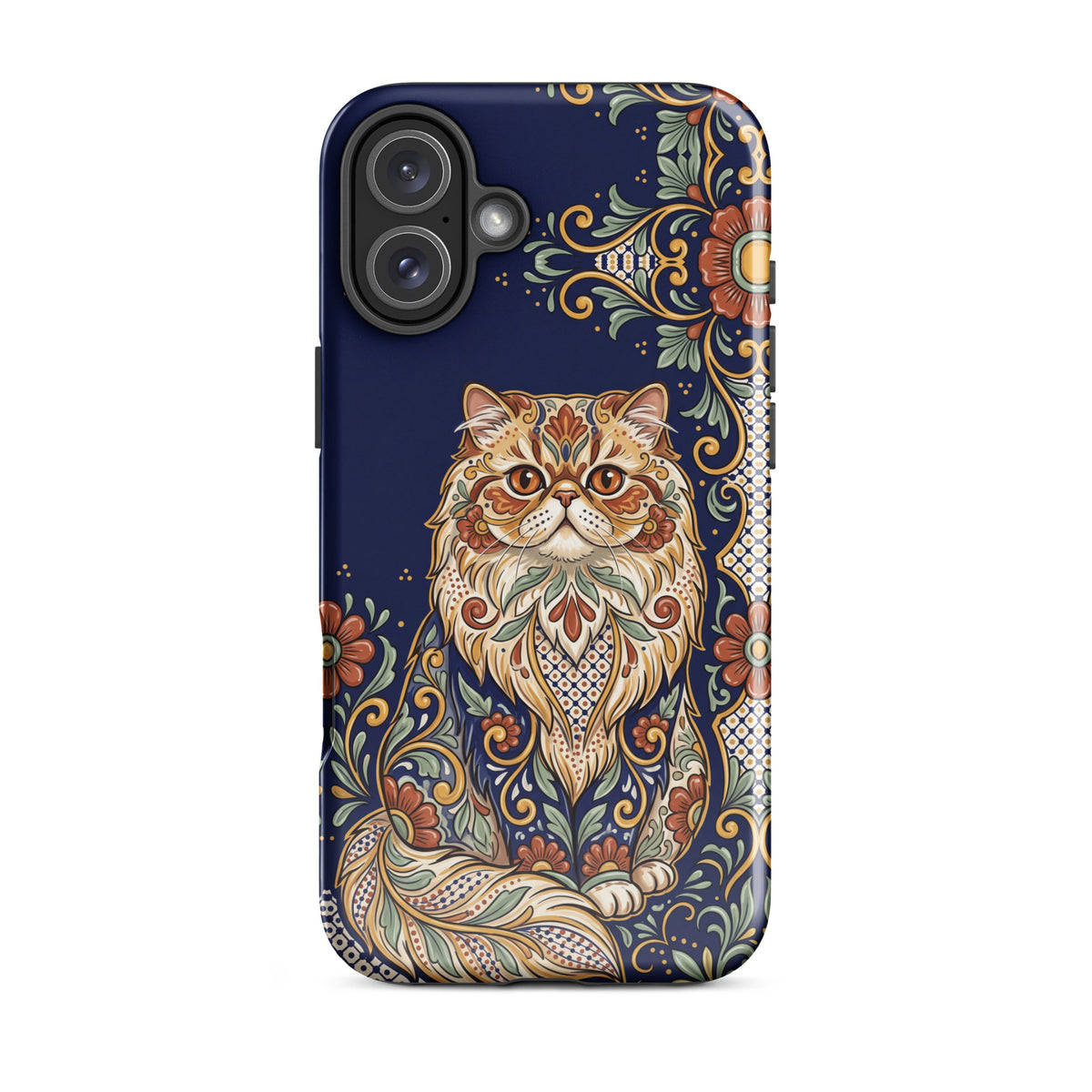 Talavera-style Persian cat on navy, glossy Tough Case, iPhone 16 Plus