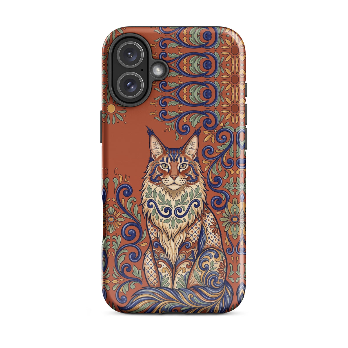 Talavera-style Maine Coon cat on terracotta, glossy Tough Case, iPhone 16 Plus