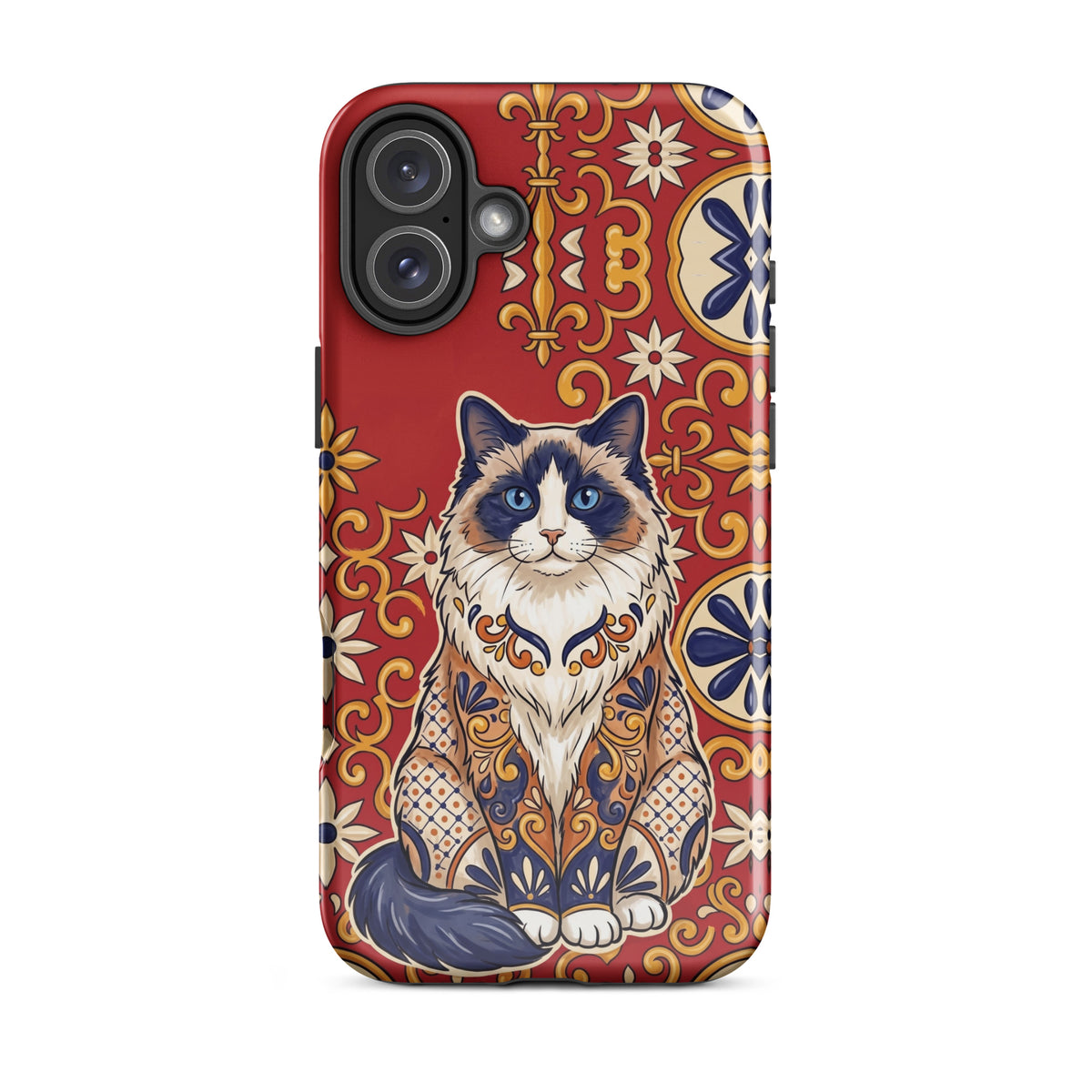 Talavera-style Ragdoll cat on red, glossy Tough Case, iPhone 16 Plus