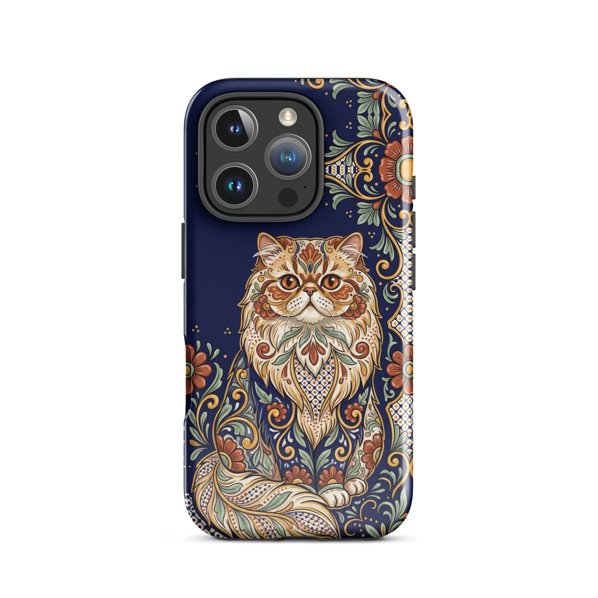 Talavera-style Persian cat on navy, glossy Tough Case, iPhone 16 Pro