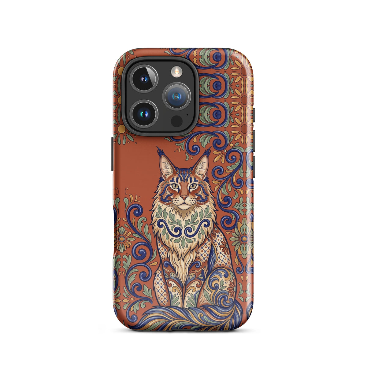 Talavera-style Maine Coon cat on terracotta, glossy Tough Case, iPhone 16 Pro