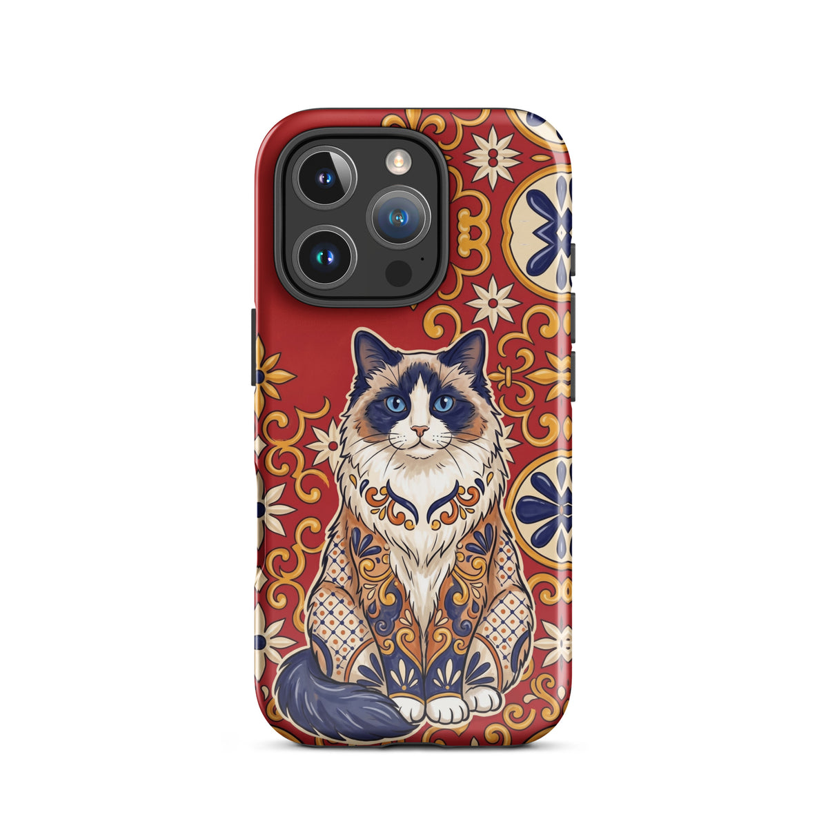Talavera-style Ragdoll cat on red, glossy Tough Case, iPhone 16 Pro