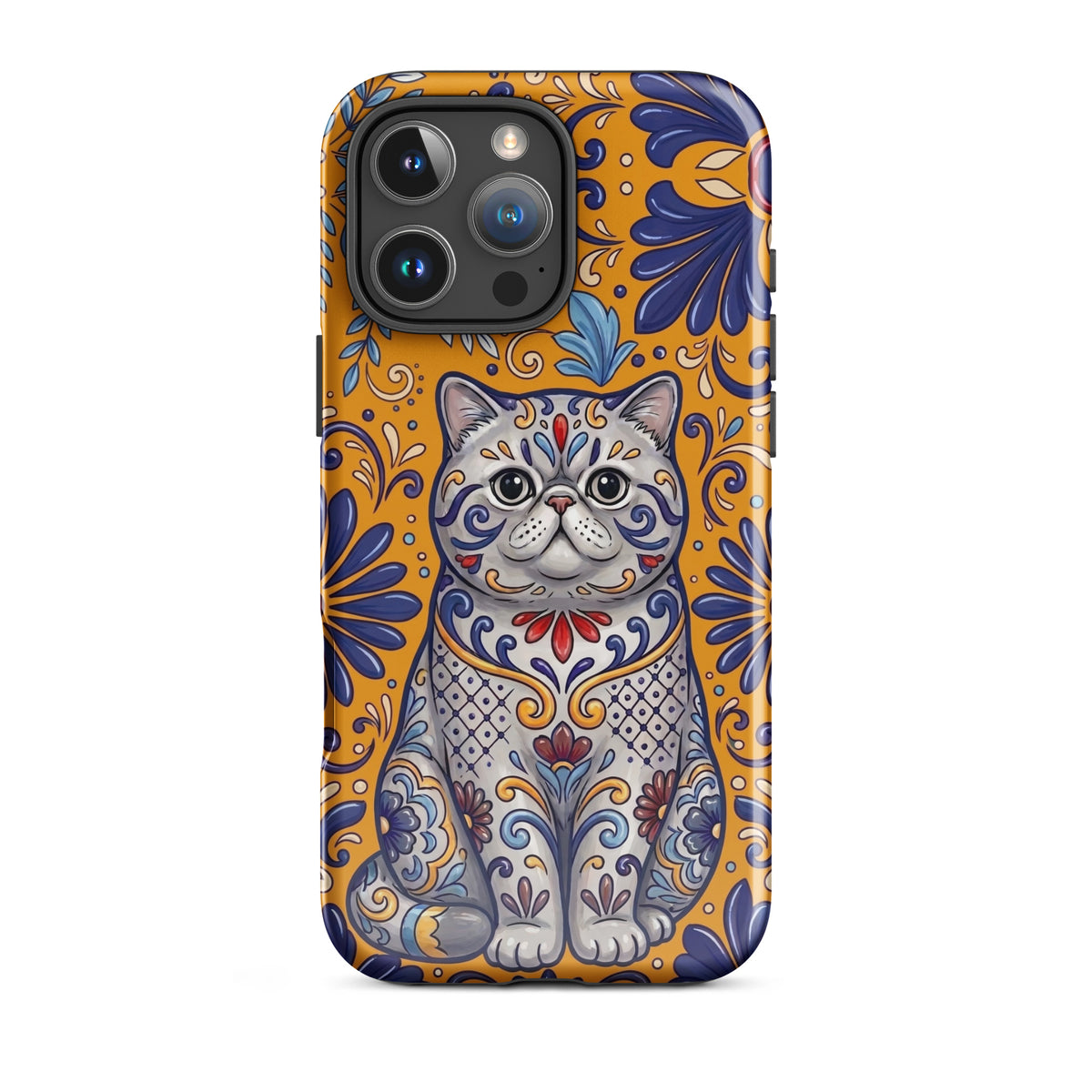 Talavera-style Exotic Shorthair cat on marigold, glossy Tough Case, iPhone 16 Pro Max