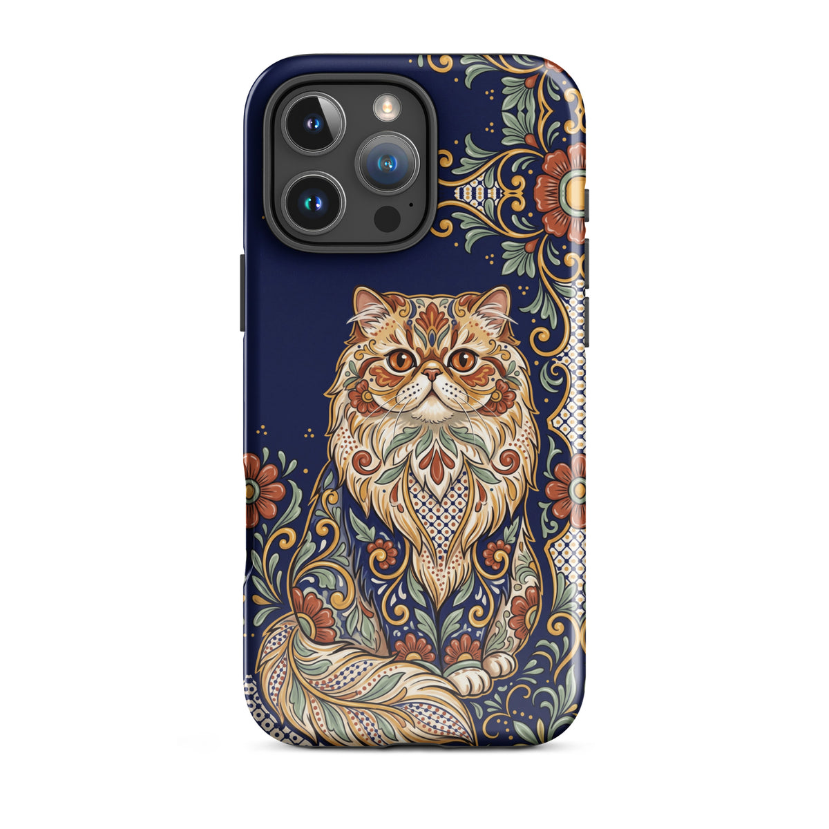 Talavera-style Persian cat on navy, glossy Tough Case, iPhone 16 Pro Max