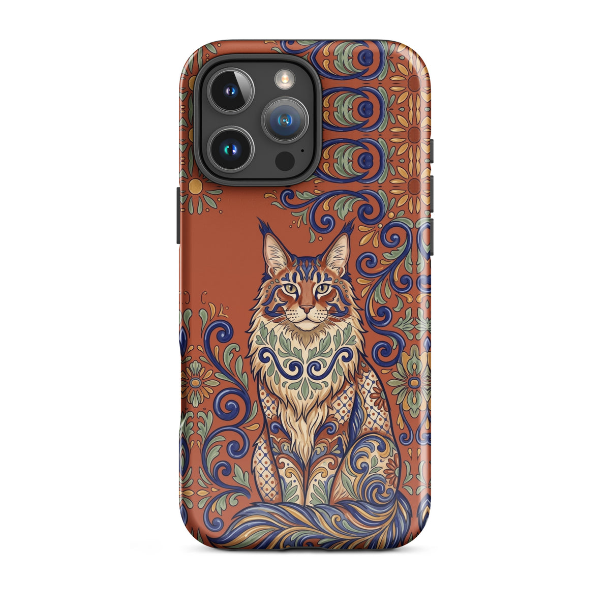 Talavera-style Maine Coon cat on terracotta, glossy Tough Case, iPhone 16 Pro Max