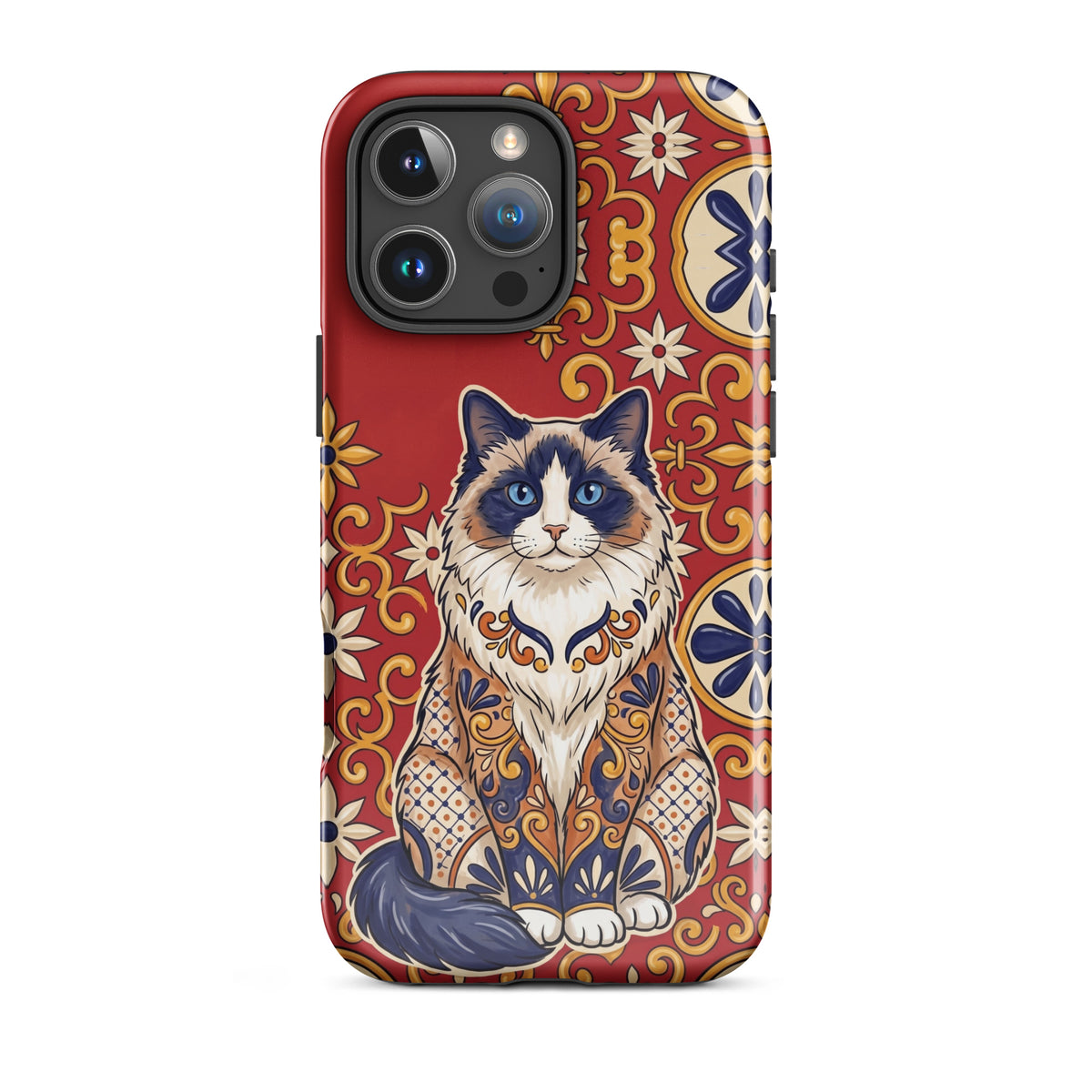 Talavera-style Ragdoll cat on red, glossy Tough Case, iPhone 16 Pro Max