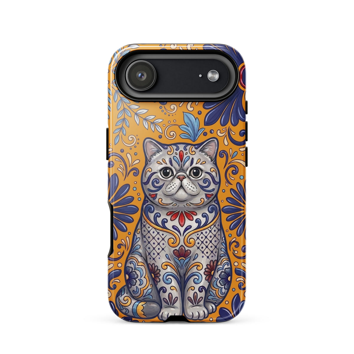 Talavera-style Exotic Shorthair cat on marigold, glossy Tough Case, iPhone 17 Air