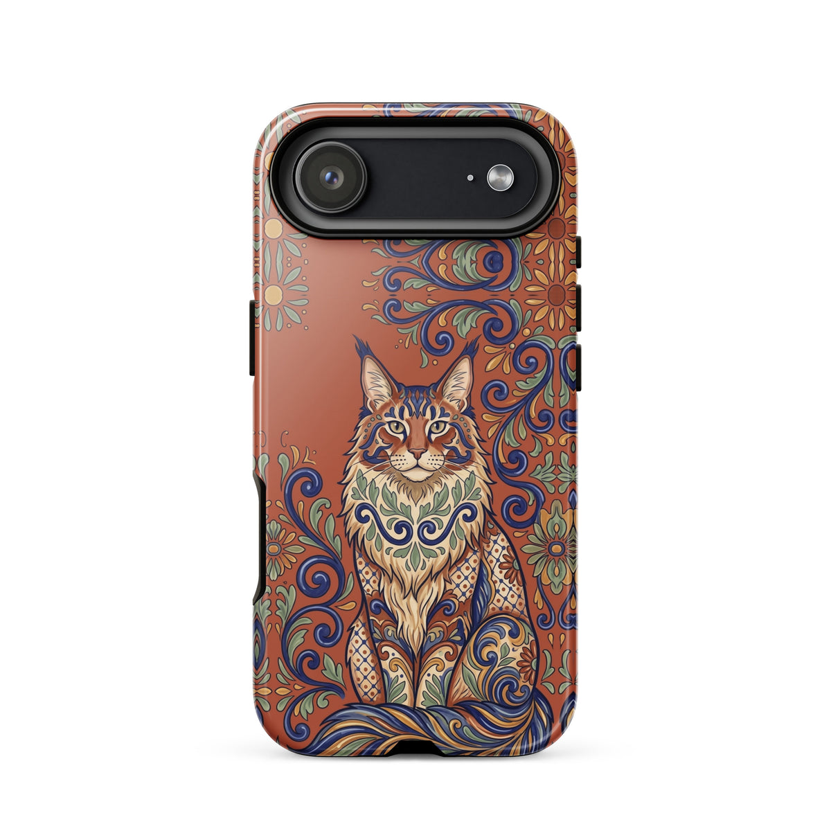 Talavera-style Maine Coon cat on terracotta, glossy Tough Case, iPhone 17 Air