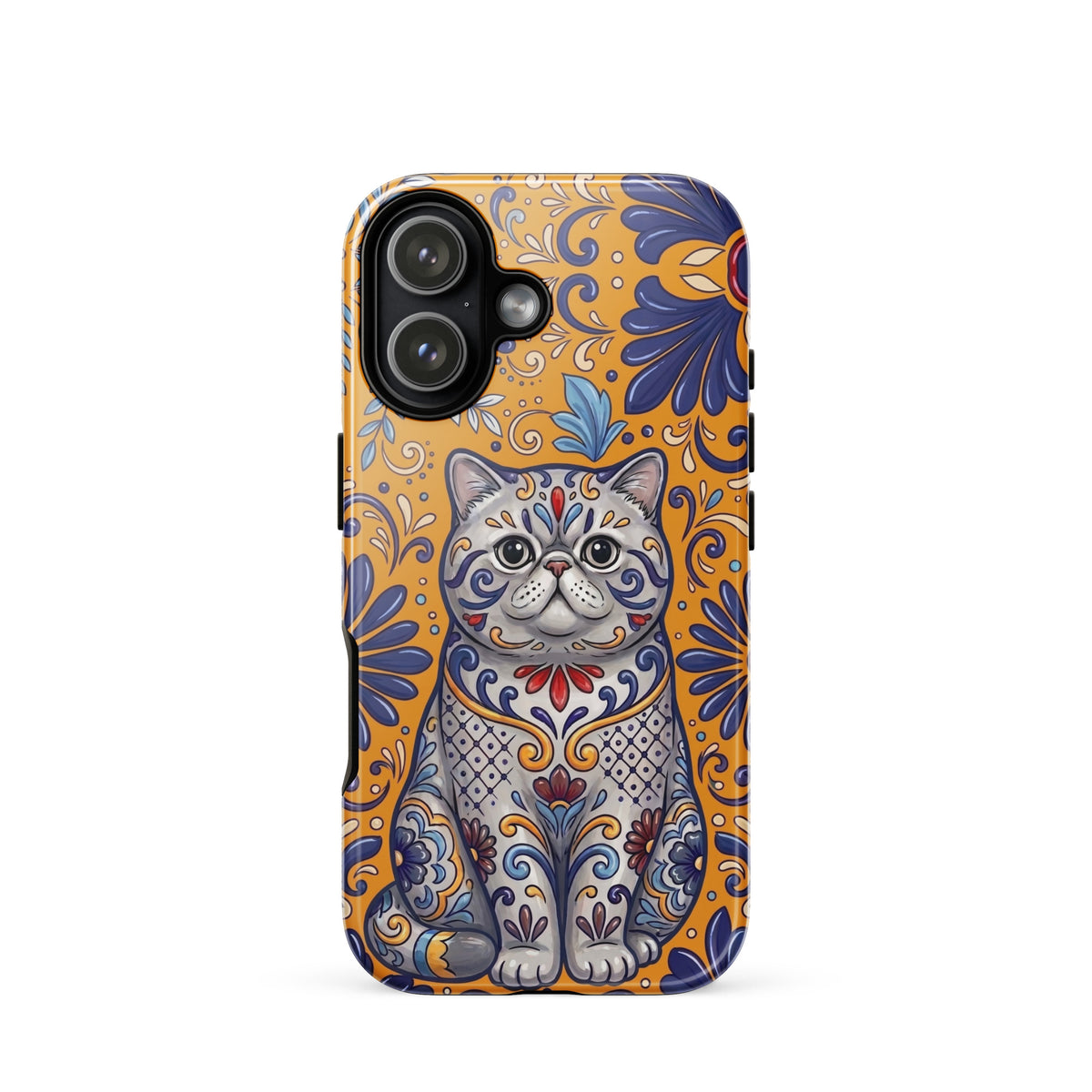 Talavera-style Exotic Shorthair cat on marigold, glossy Tough Case, iPhone 17