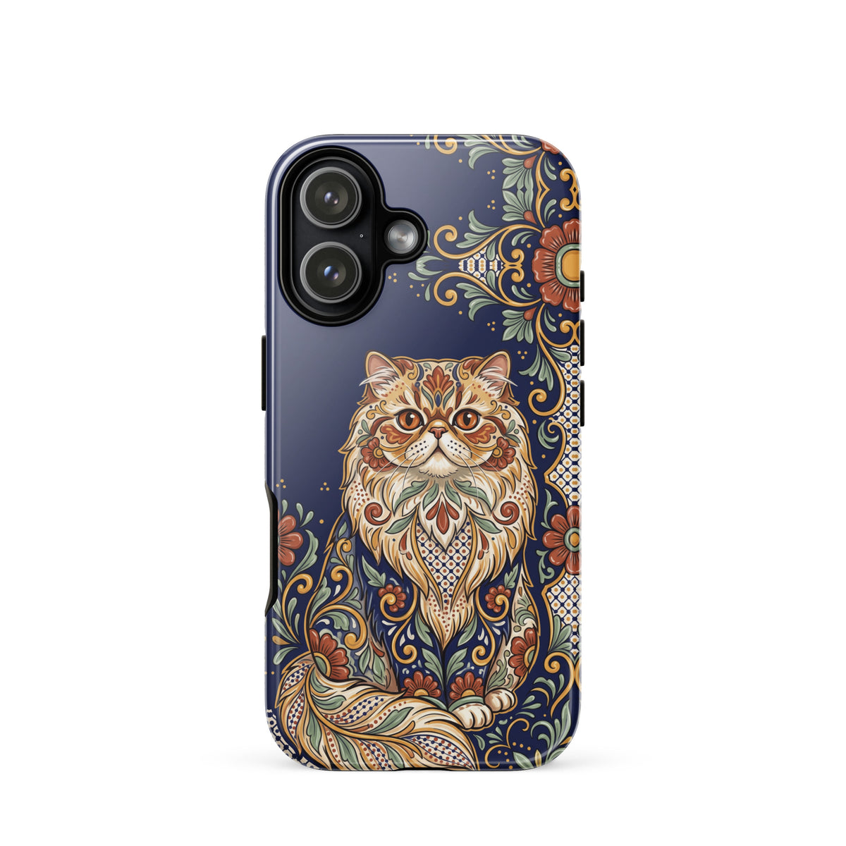 Talavera-style Persian cat on navy, glossy Tough Case, iPhone 17