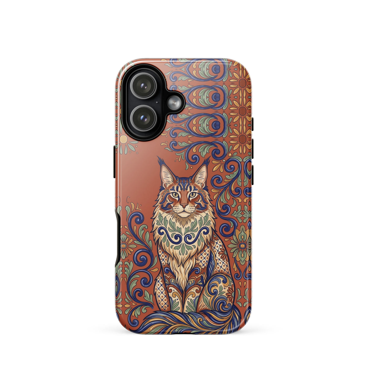 Talavera-style Maine Coon cat on terracotta, glossy Tough Case, iPhone 17