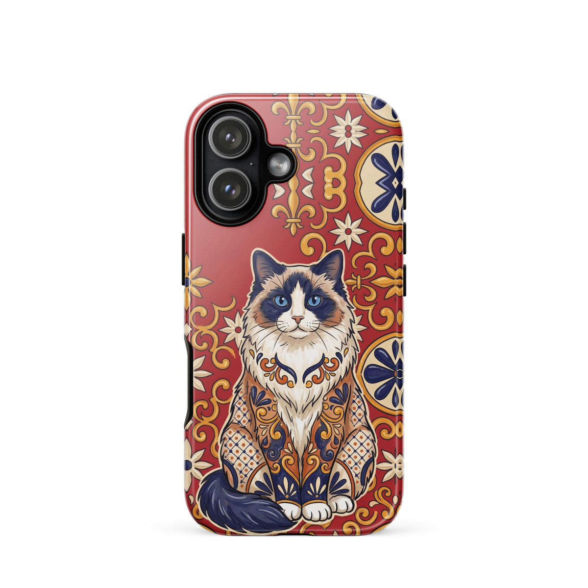 Talavera-style Ragdoll cat on red, glossy Tough Case, iPhone 17