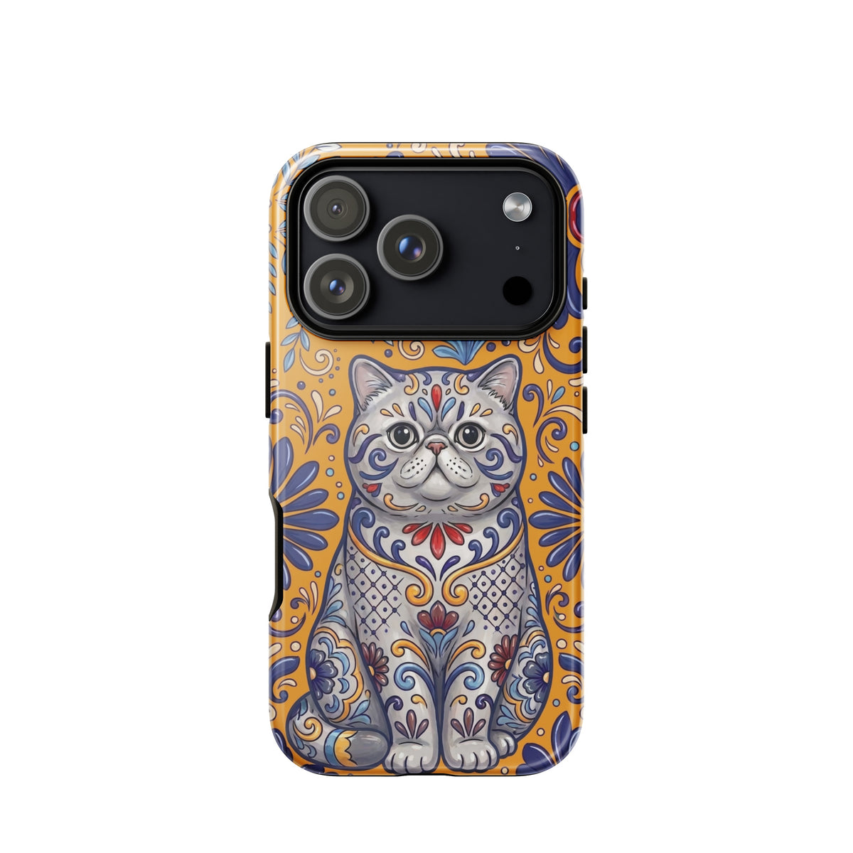 Talavera-style Exotic Shorthair cat on marigold, glossy Tough Case, iPhone 17 Pro