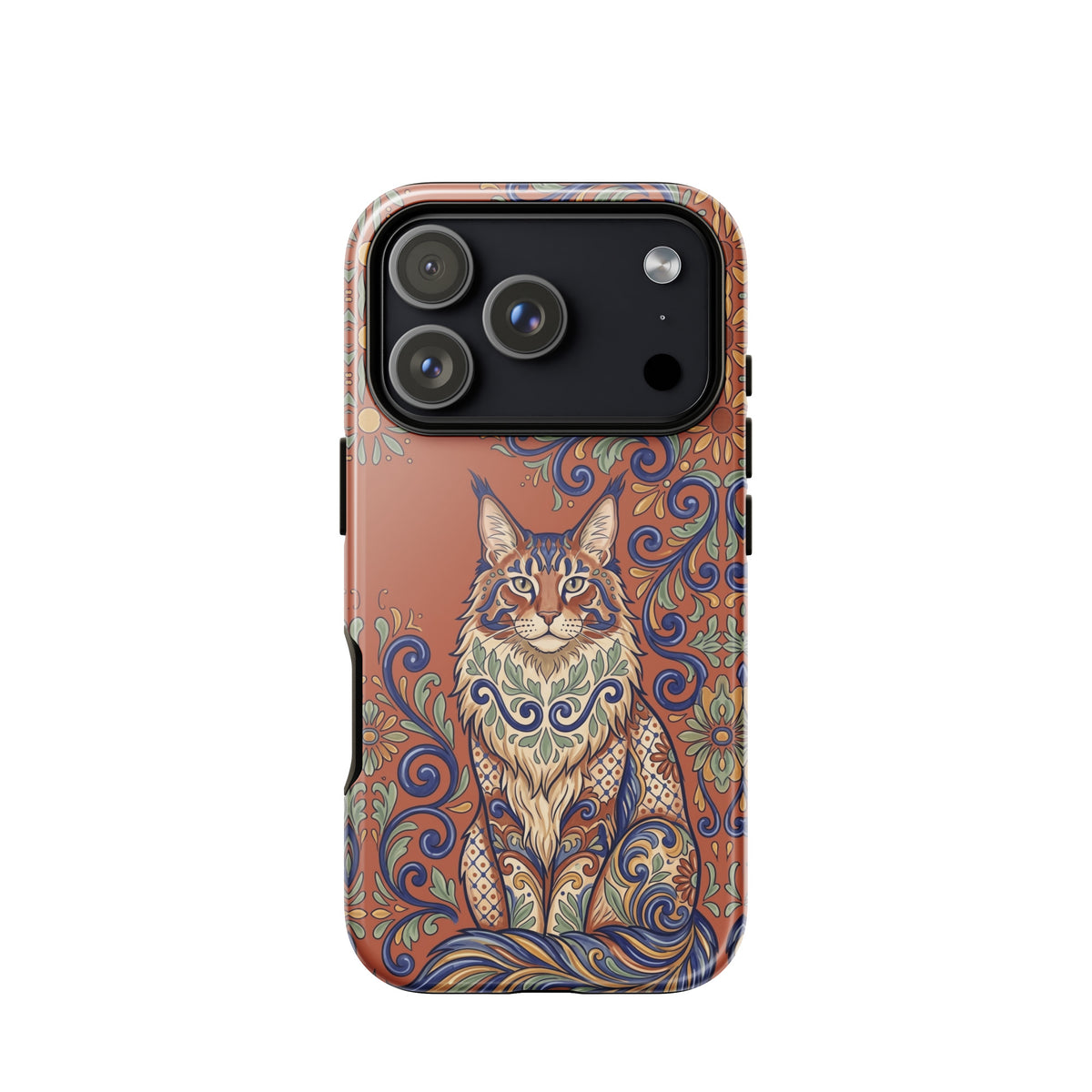 Talavera-style Maine Coon cat on terracotta, glossy Tough Case, iPhone 17 Pro