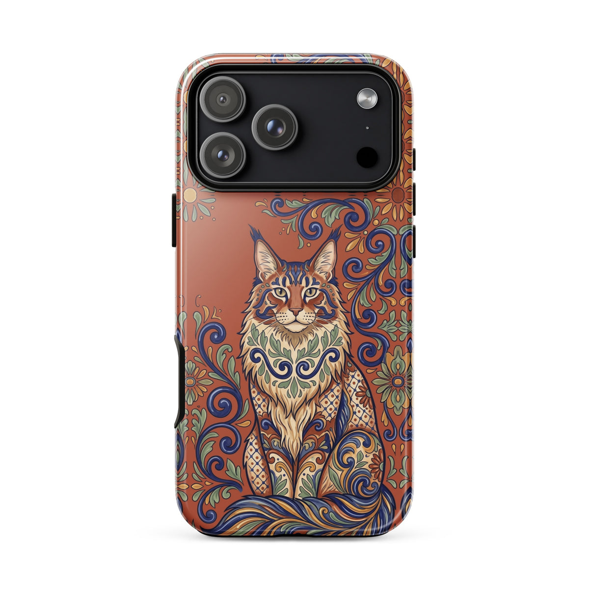 Talavera-style Maine Coon cat on terracotta, glossy Tough Case, iPhone 17 Pro Max