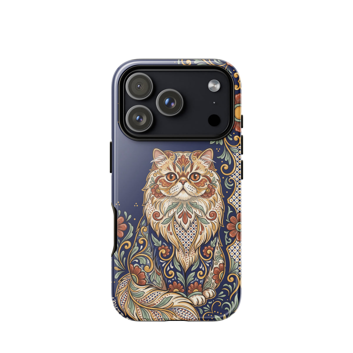 Talavera-style Persian cat on navy, glossy Tough Case, iPhone 18 Pro