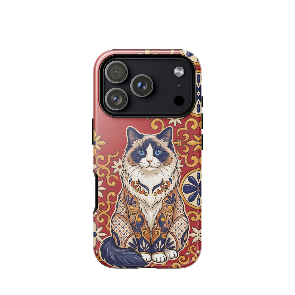 Talavera-style Ragdoll cat on red, glossy Tough Case, iPhone 18 Pro
