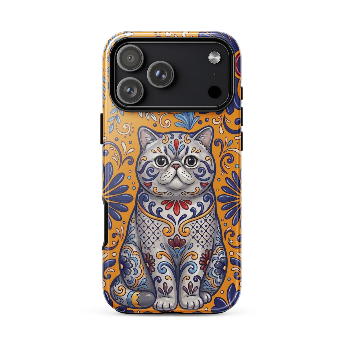 Talavera-style Exotic Shorthair cat on marigold, glossy Tough Case, iPhone 18 Pro Max