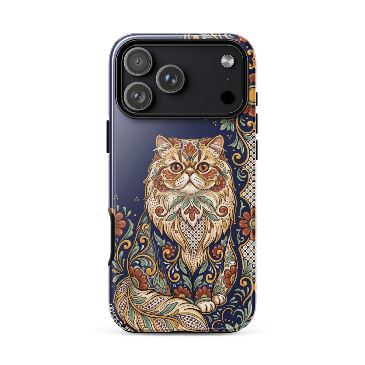 Talavera-style Persian cat on navy, glossy Tough Case, iPhone 18 Pro Max
