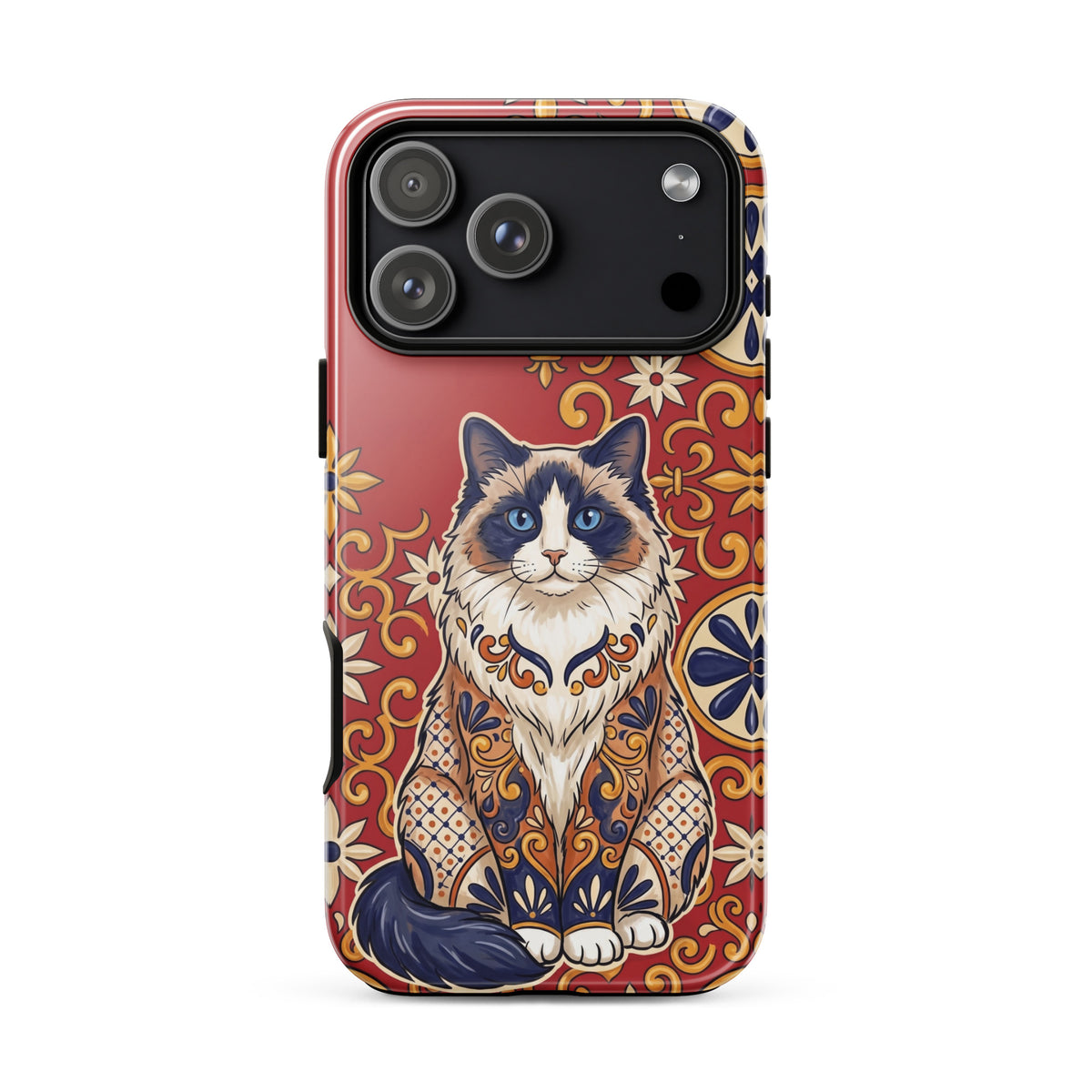 Talavera-style Ragdoll cat on red, glossy Tough Case, iPhone 18 Pro Max
