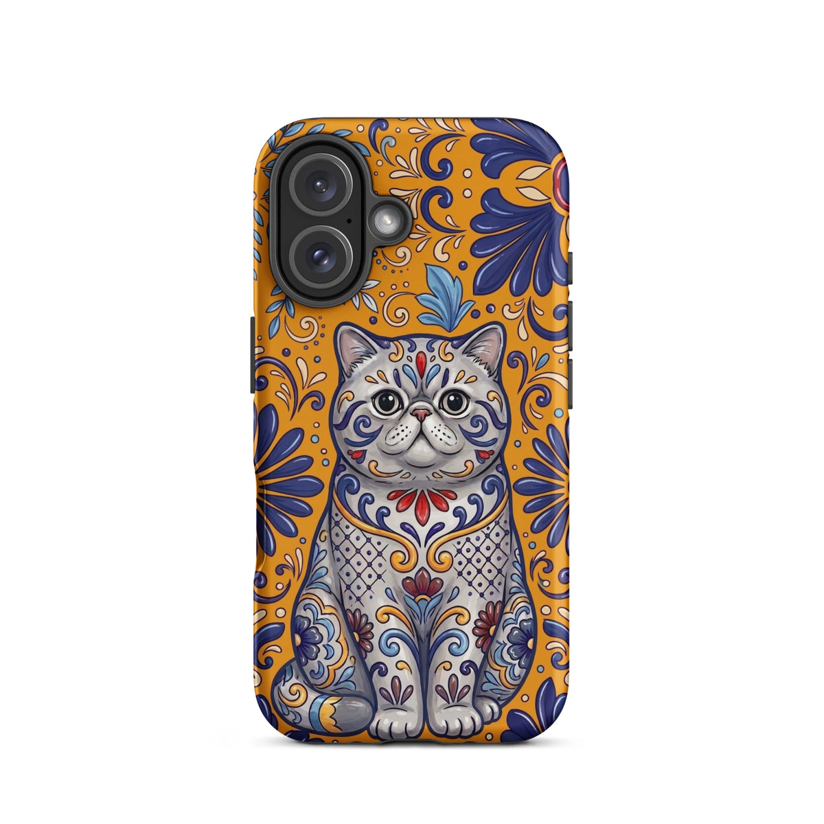Talavera-style Exotic Shorthair cat on marigold, matte Tough Case, iPhone 16