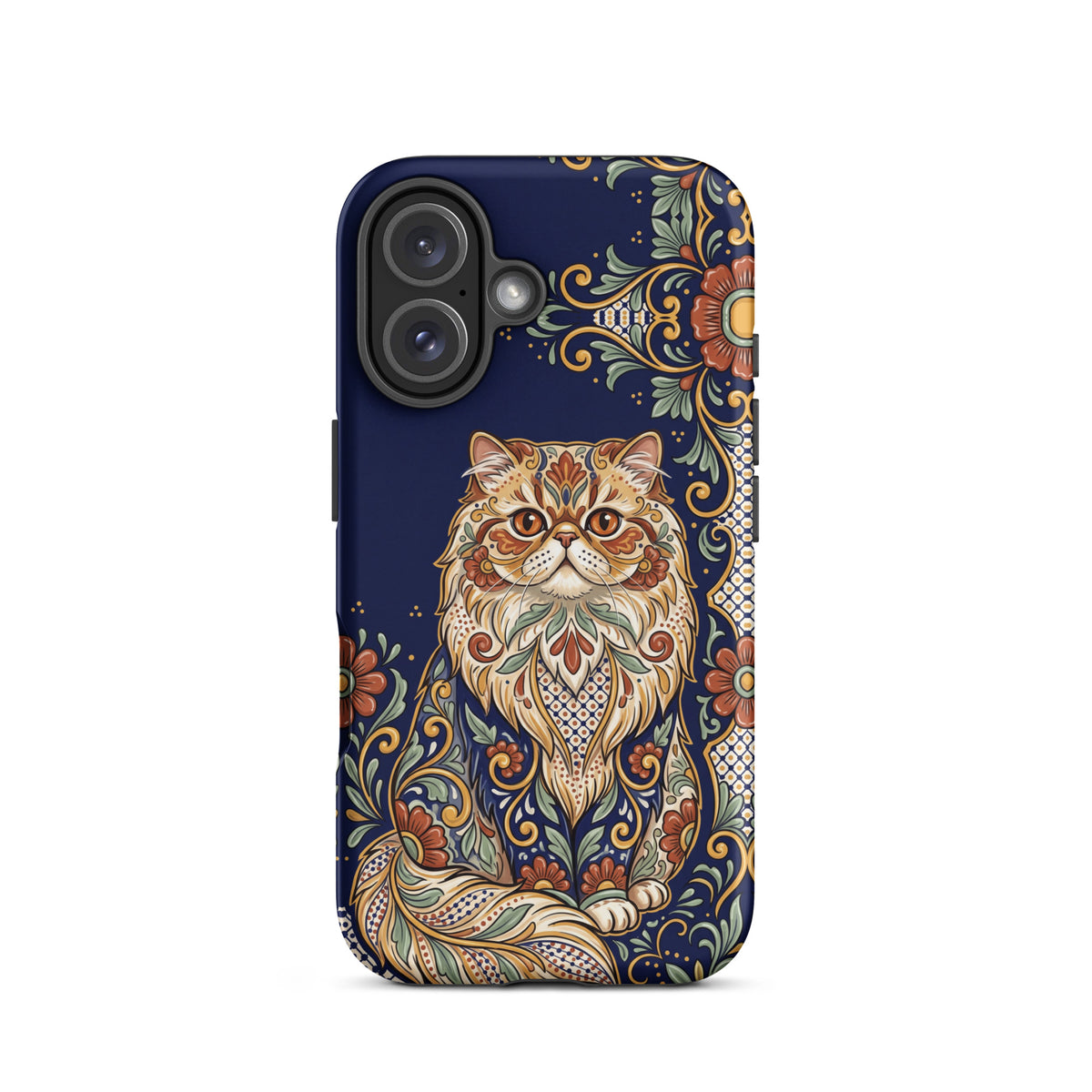 Talavera-style Persian cat on navy, matte Tough Case, iPhone 16