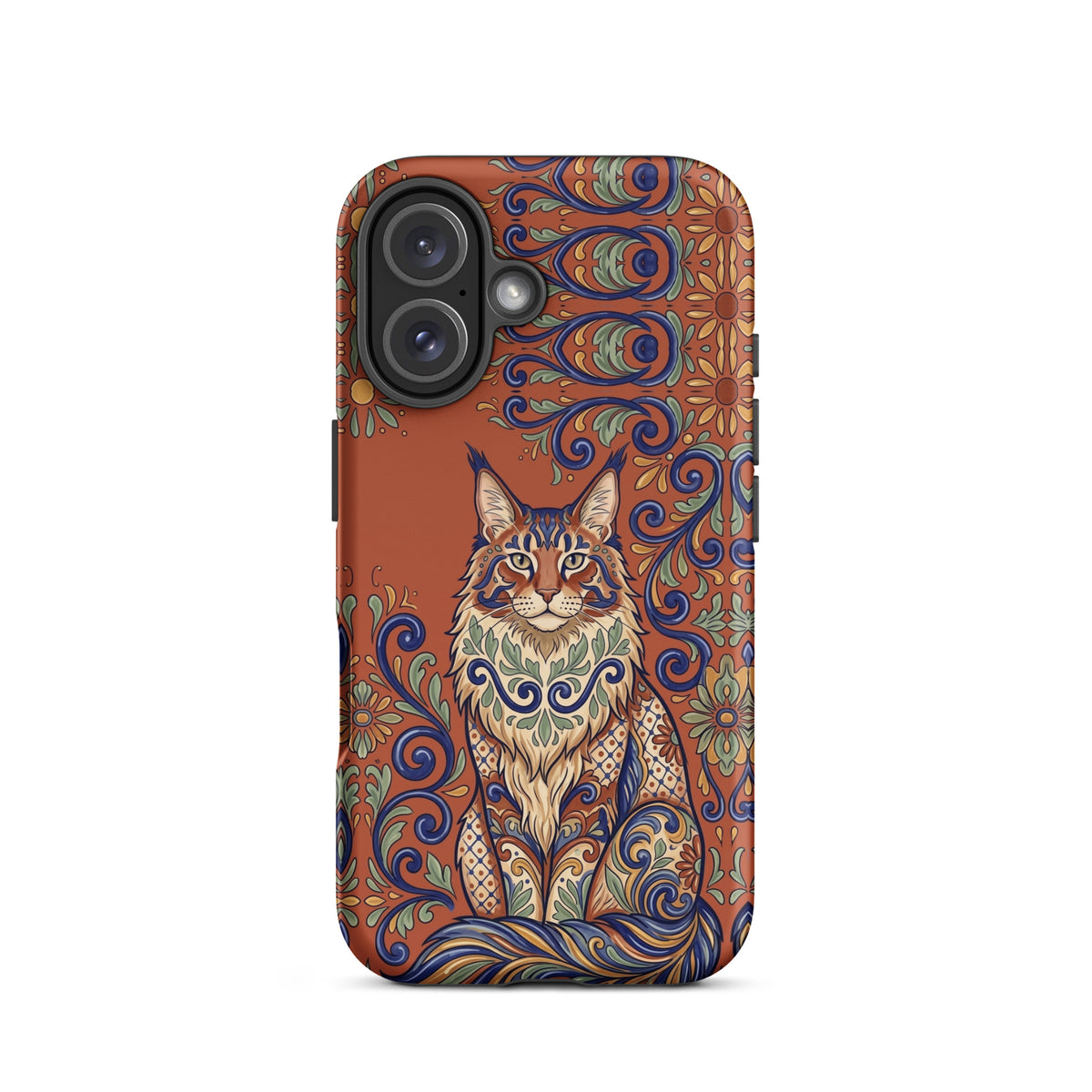 Talavera-style Maine Coon cat on terracotta, matte Tough Case, iPhone 16