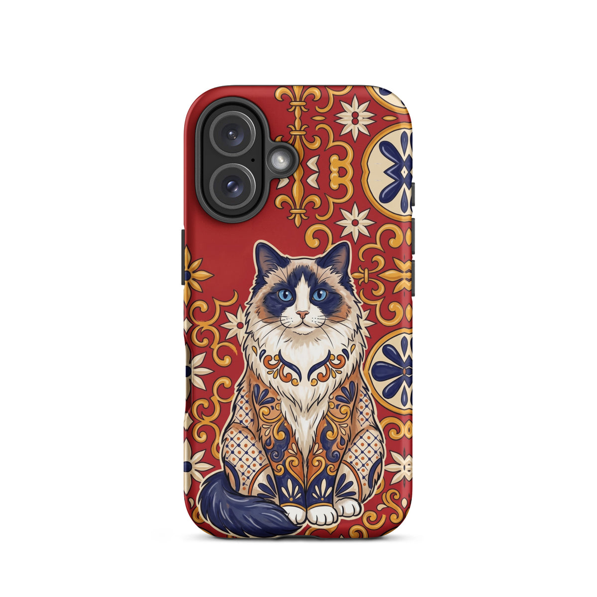 Talavera-style Ragdoll cat on red, matte Tough Case, iPhone 16