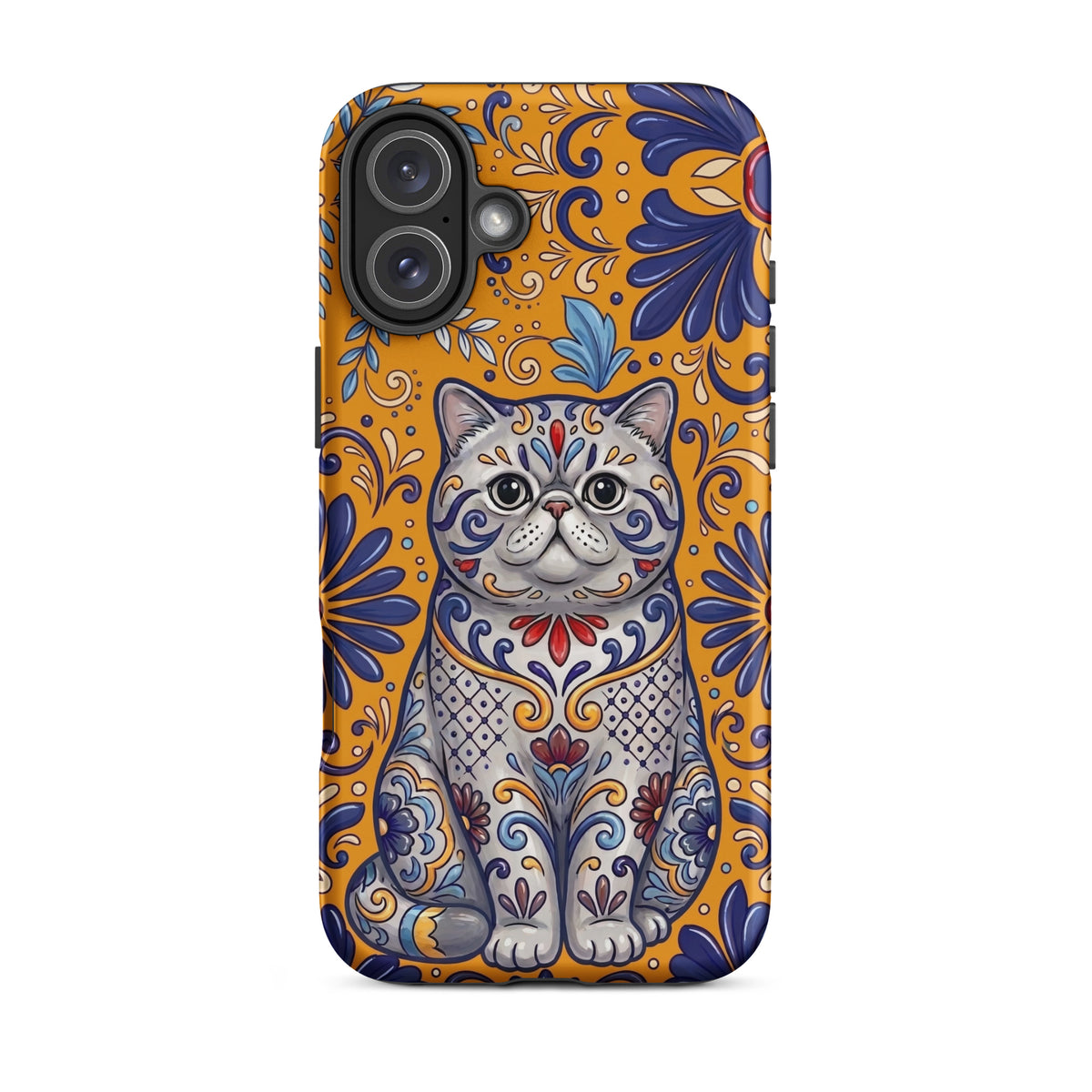 Talavera-style Exotic Shorthair cat on marigold, matte Tough Case, iPhone 16 Plus