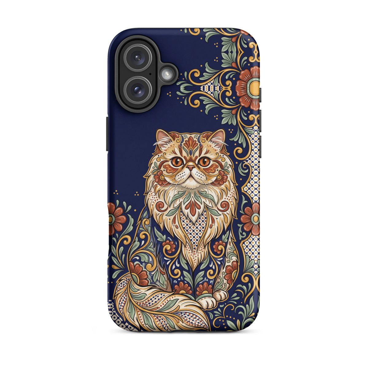 Talavera-style Persian cat on navy, matte Tough Case, iPhone 16 Plus
