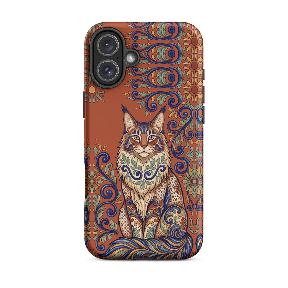Talavera-style Maine Coon cat on terracotta, matte Tough Case, iPhone 16 Plus