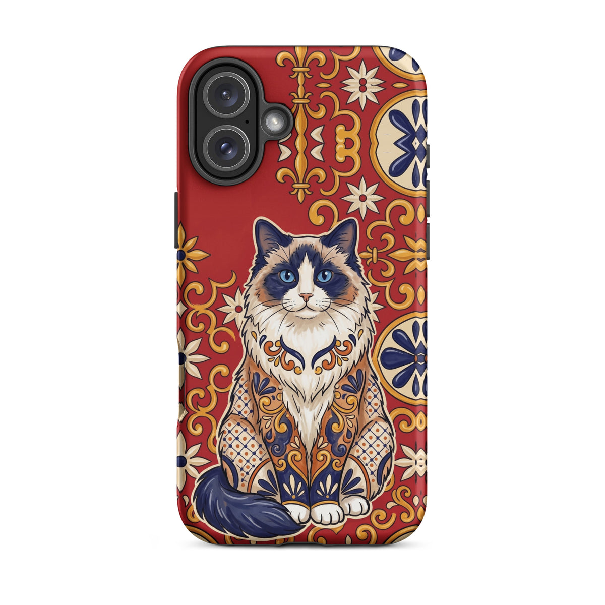 Talavera-style Ragdoll cat on red, matte Tough Case, iPhone 16 Plus