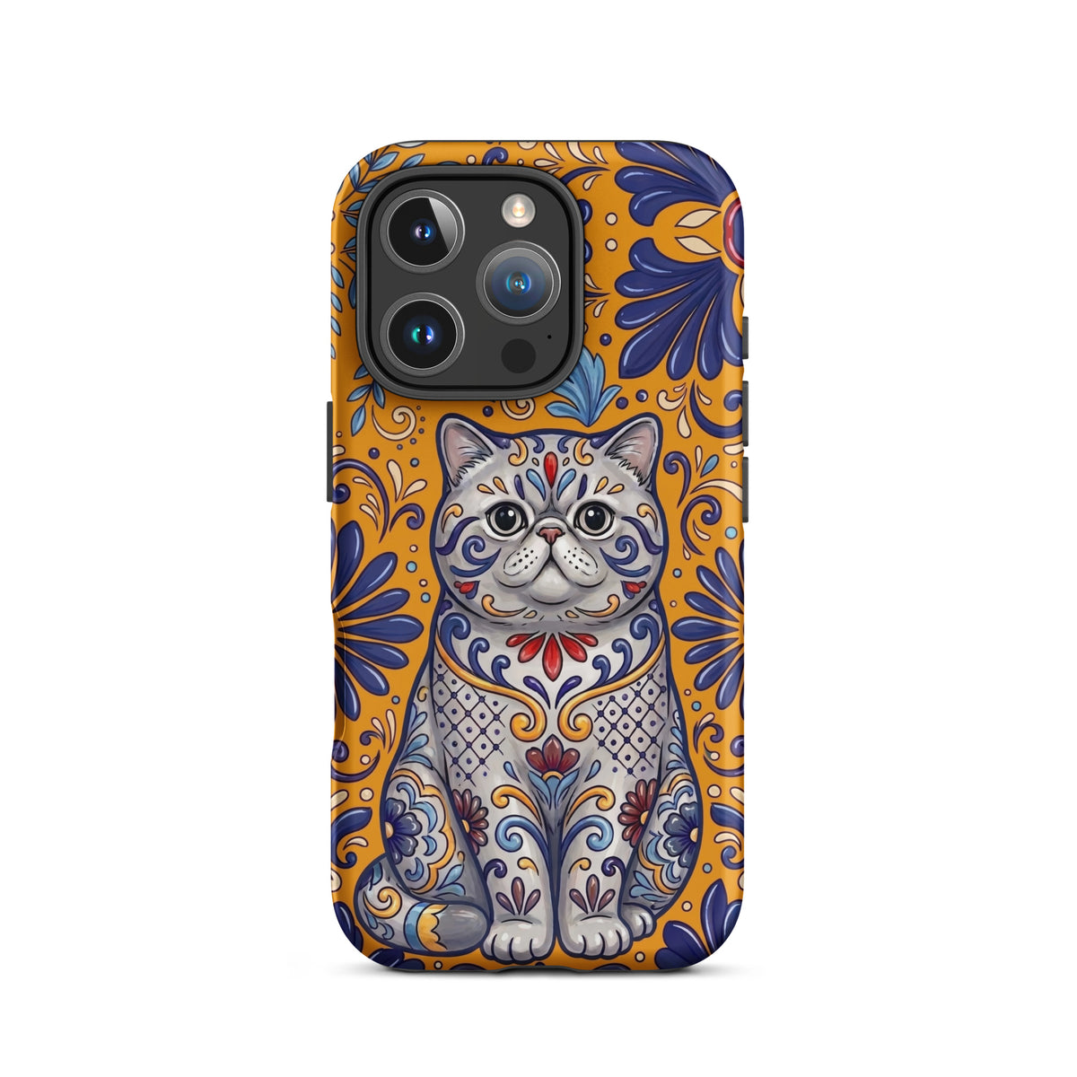Talavera-style Exotic Shorthair cat on marigold, matte Tough Case, iPhone 16 Pro