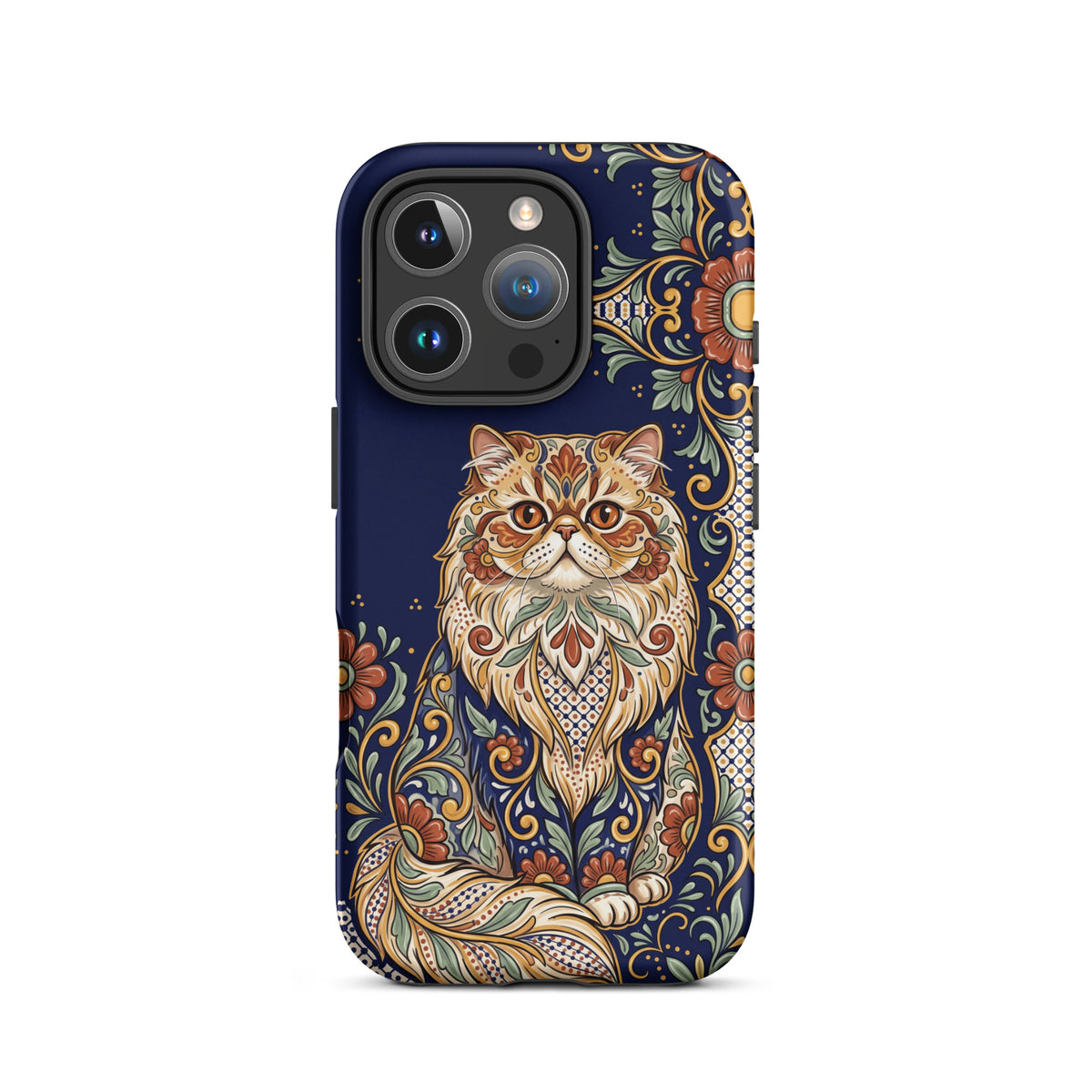 Talavera-style Persian cat on navy, matte Tough Case, iPhone 16 Pro