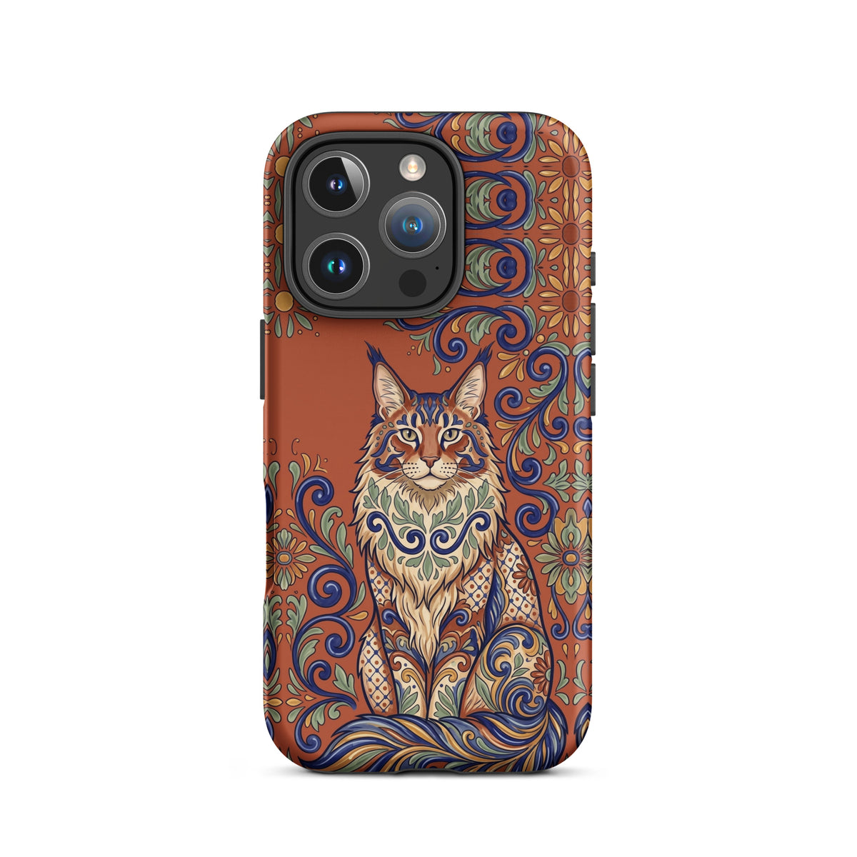 Talavera-style Maine Coon cat on terracotta, matte Tough Case, iPhone 16 Pro