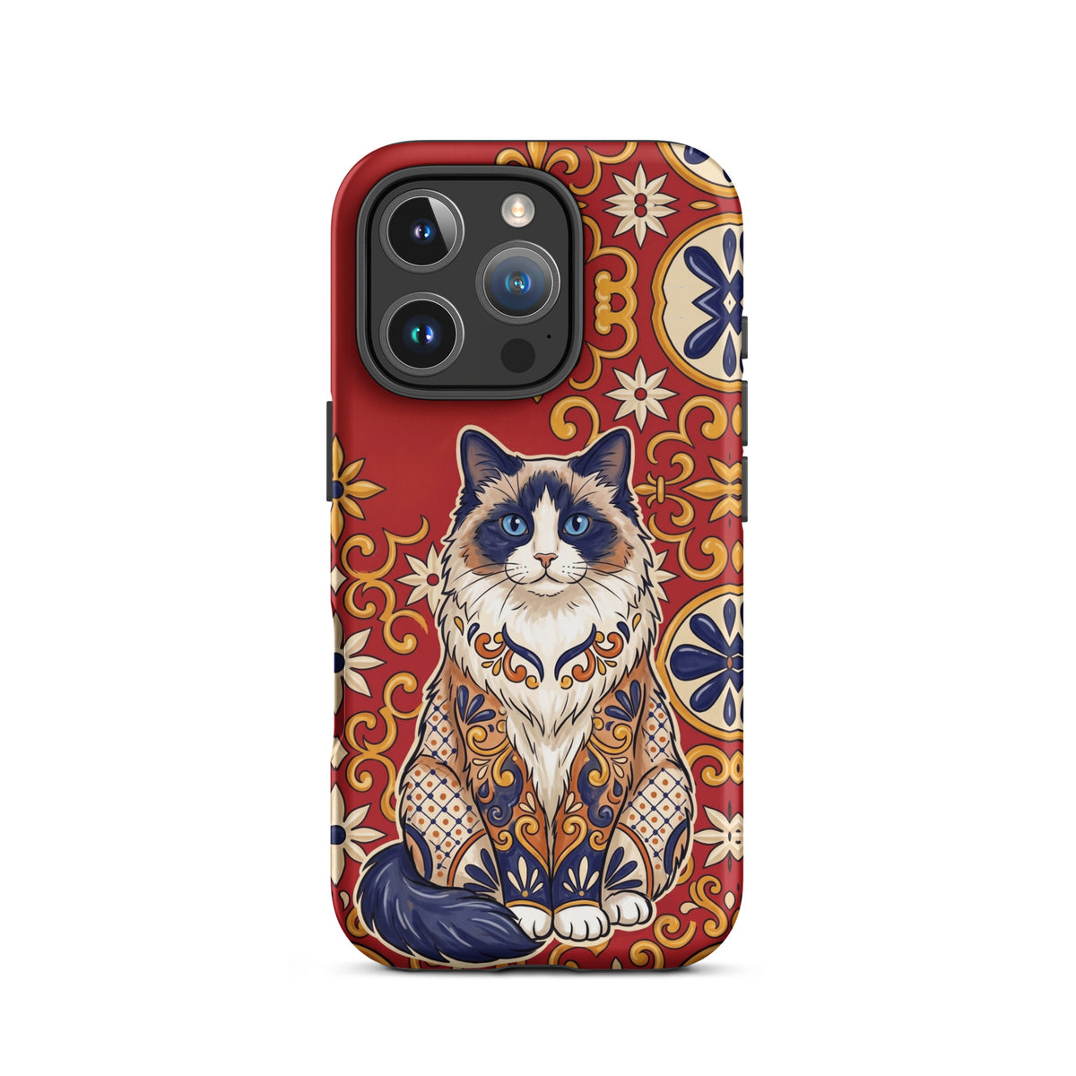 Talavera-style Ragdoll cat on red, matte Tough Case, iPhone 16 Pro