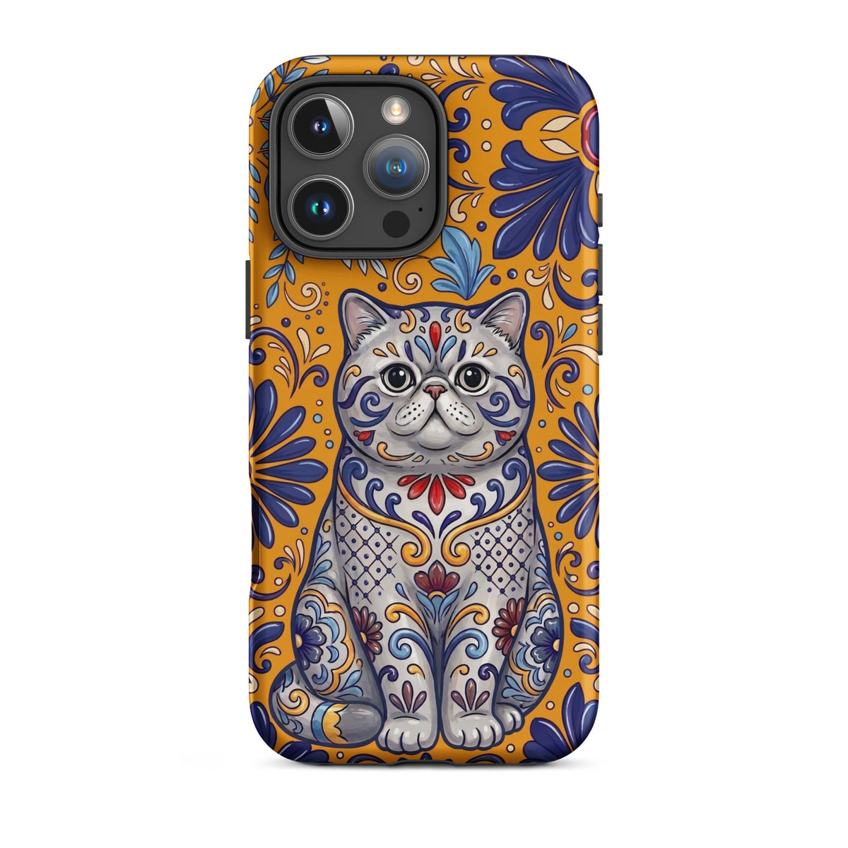Talavera-style Exotic Shorthair cat on marigold, matte Tough Case, iPhone 16 Pro Max