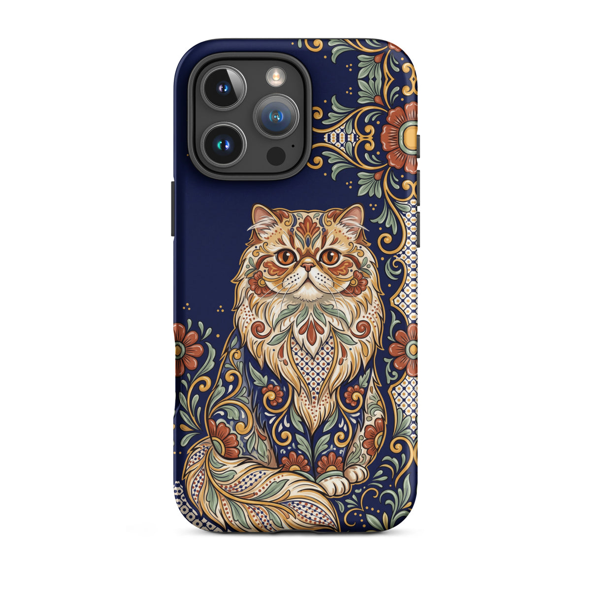 Talavera-style Persian cat on navy, matte Tough Case, iPhone 16 Pro Max