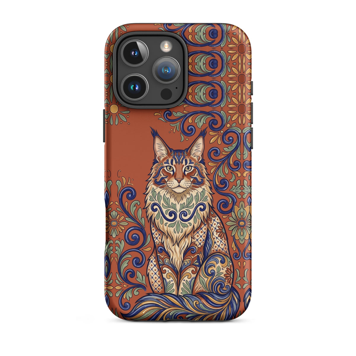 Talavera-style Maine Coon cat on terracotta, matte Tough Case, iPhone 16 Pro Max