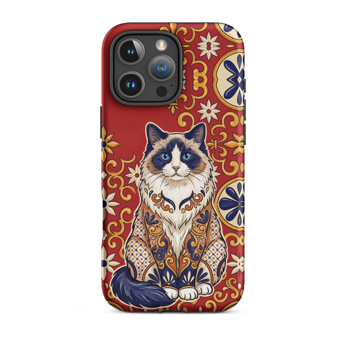 Talavera-style Ragdoll cat on red, matte Tough Case, iPhone 16 Pro Max