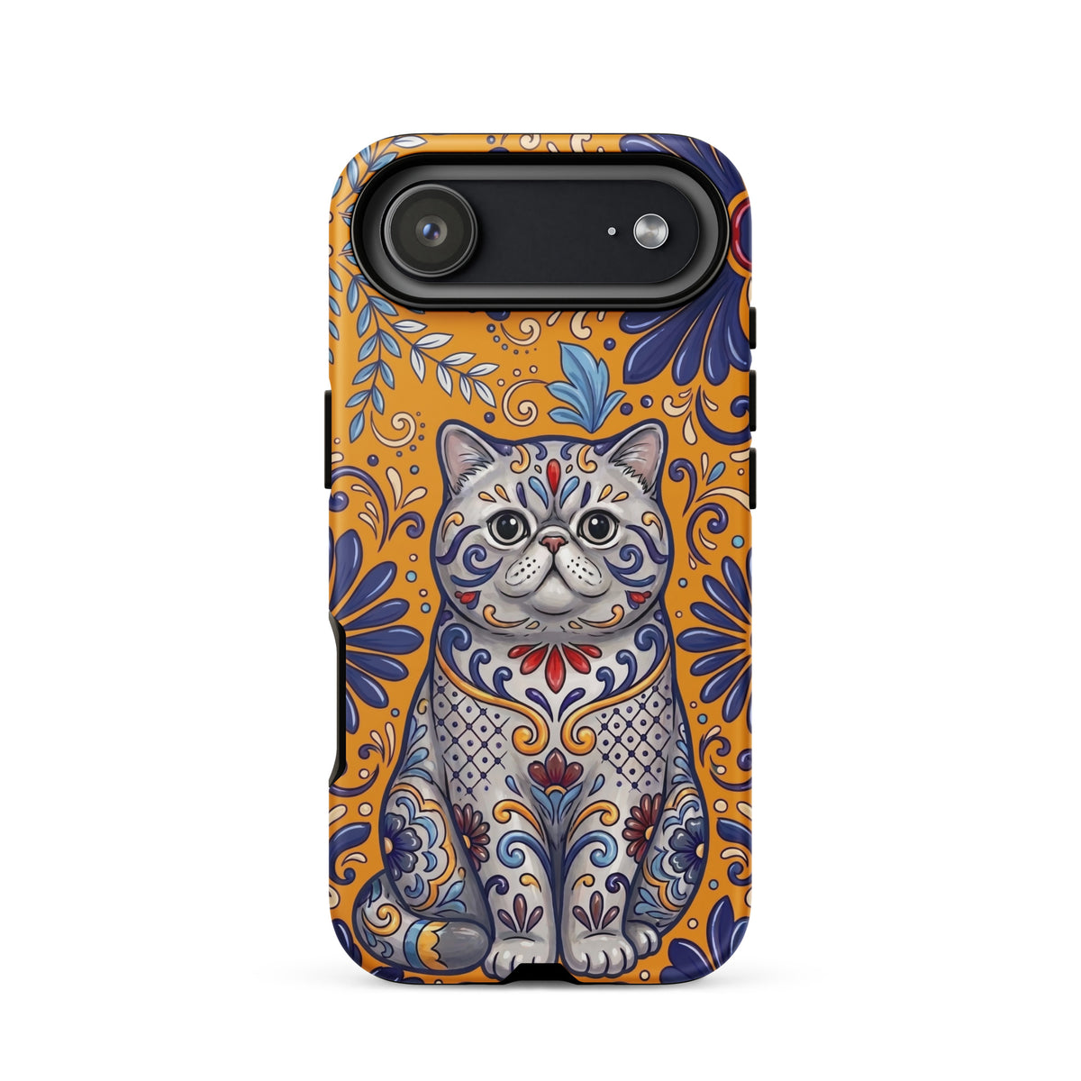 Talavera-style Exotic Shorthair cat on marigold, matte Tough Case, iPhone 17 Air